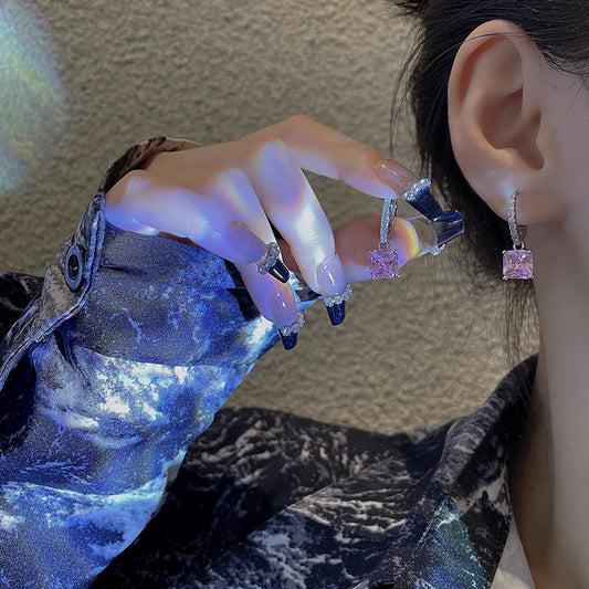 S925 Silver Needle Super Fairy Temperament Long Tassel Flower Earrings Versatile Temperament Pink Zircon Love Earrings Stud Earrings