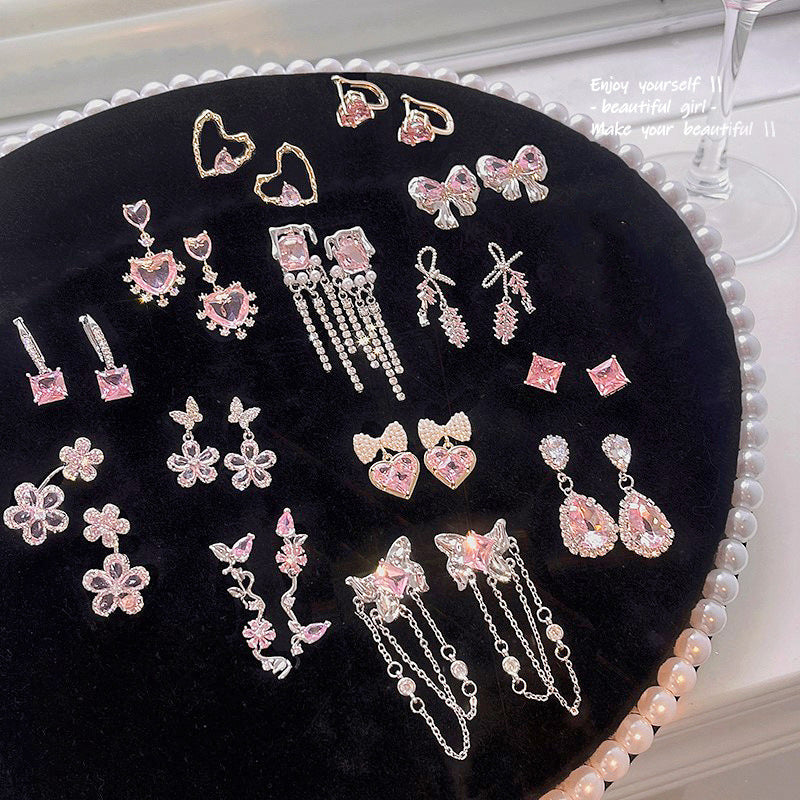 S925 Silver Needle Super Fairy Temperament Long Tassel Flower Earrings Versatile Temperament Pink Zircon Love Earrings Stud Earrings