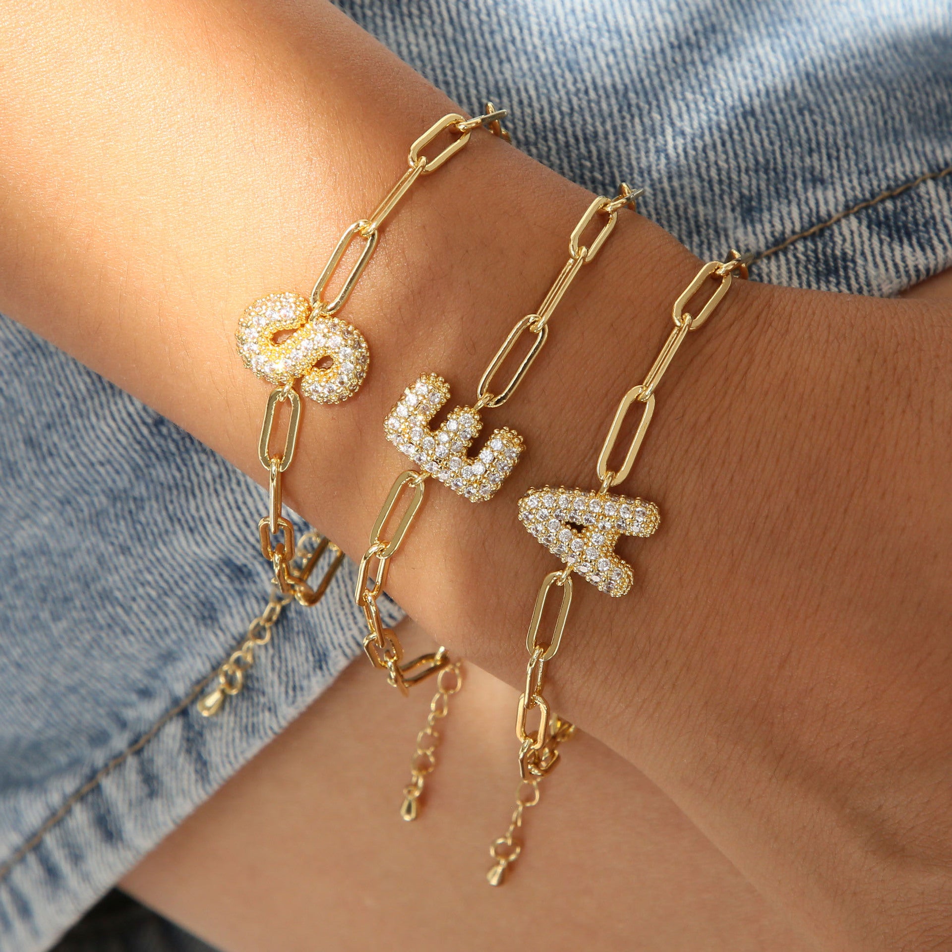 26 English Balloon Bubble Letters Full Of Zirconium Fashion Paper Clip Bracelet Extension Chain