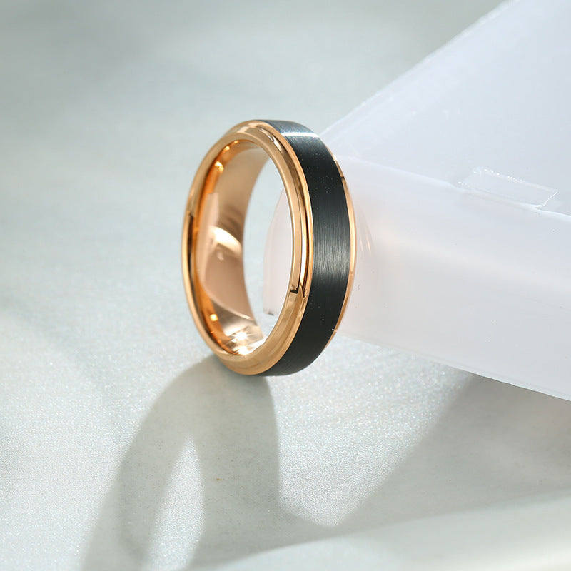 Jewelry Wholesale Europe And The United States Popular Tungsten Steel Ring Double Slot Rose Gold + Inlaid Black Plating Men's Ring