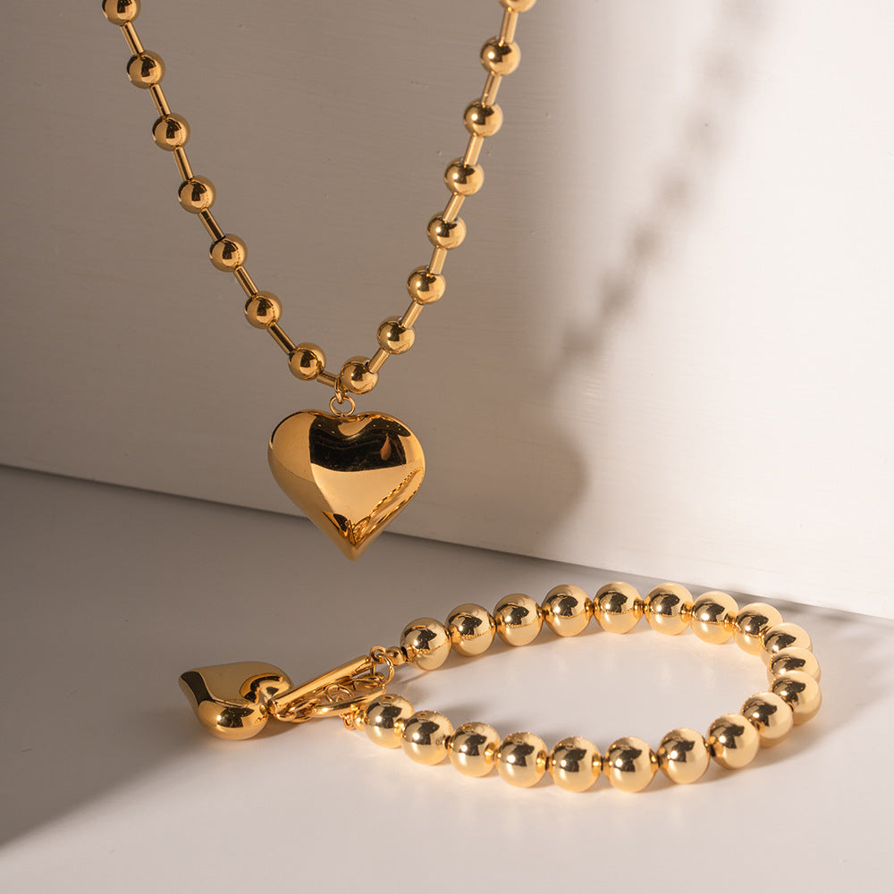Designer European And American Three-dimensional Peach Heart Pendant Round Bead Necklace Stainless Steel Gold Love Necklace High-grade Female