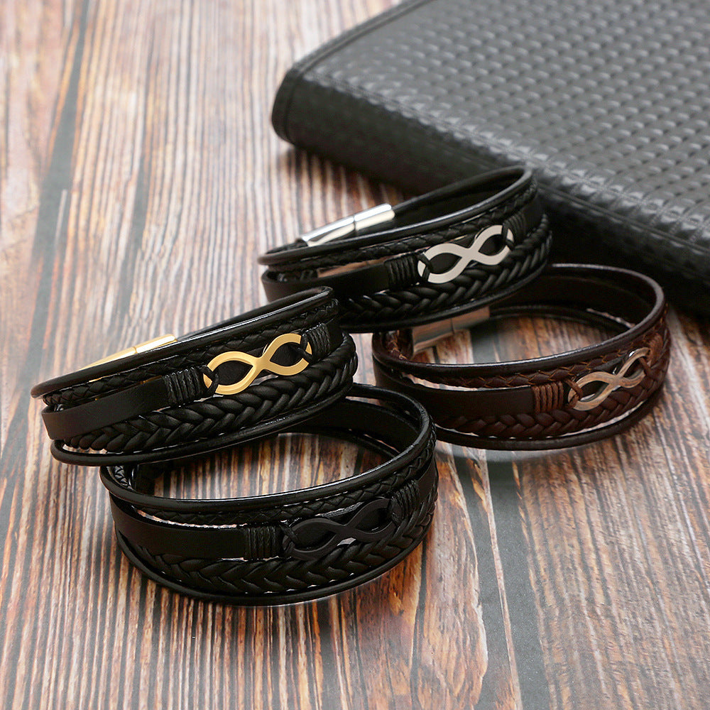 Simple Bracelet European And American Titanium Steel Men's 8-character Multi-layer Handmade Leather Men's Magnet Buckle Bracelet