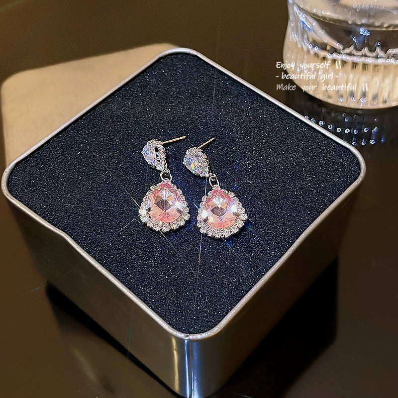 S925 Silver Needle Super Fairy Temperament Long Tassel Flower Earrings Versatile Temperament Pink Zircon Love Earrings Stud Earrings