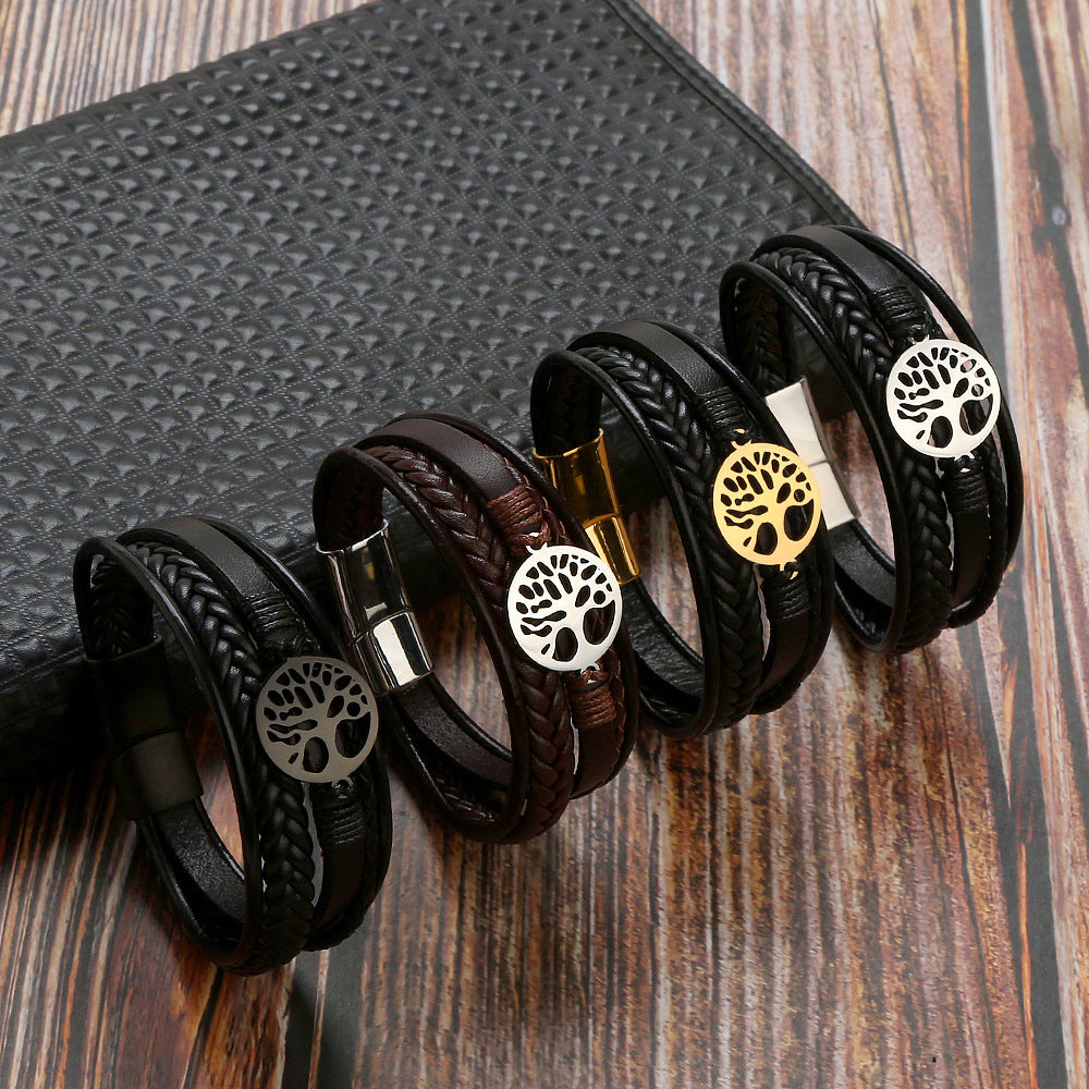 New Tree Of Life Bracelet Titanium Steel Bracelet Personality Multi-layer Woven Leather Men's Bracelet
