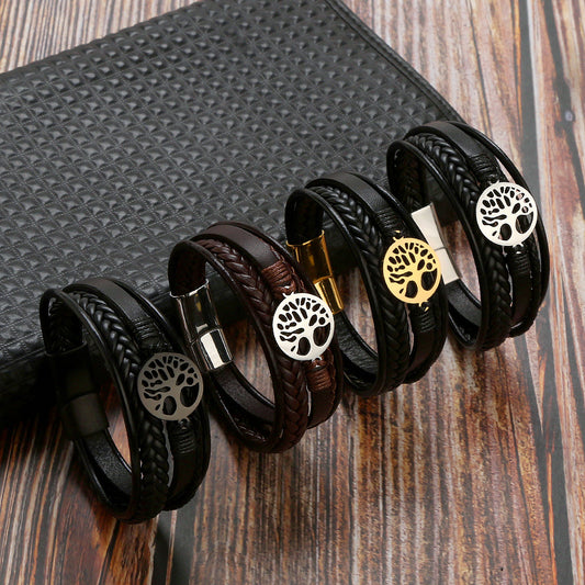 New Tree Of Life Bracelet Titanium Steel Bracelet Personality Multi-layer Woven Leather Men's Bracelet