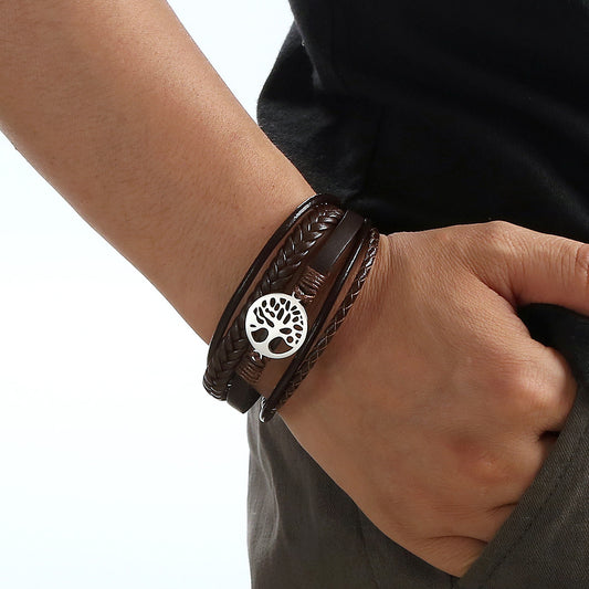 New Tree Of Life Bracelet Titanium Steel Bracelet Personality Multi-layer Woven Leather Men's Bracelet