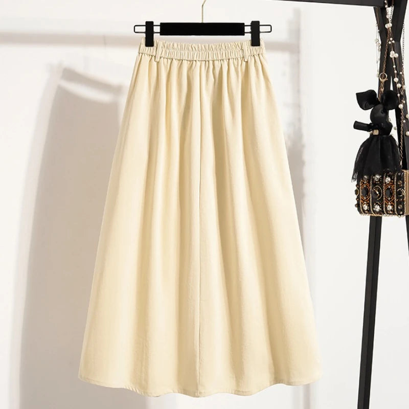 Women Plus Size Skirt Summer 2025 New High Waist Irregular Mid Long Skirt Woman Elastic Waist A Line Pleated Big Size Skirts