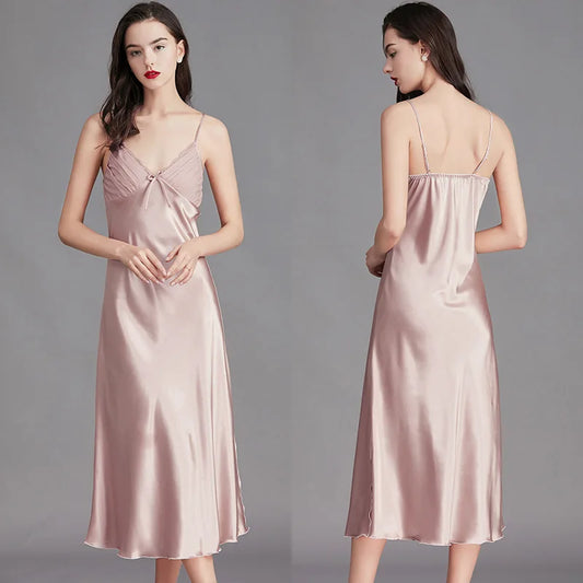 Adora Milano Damen langes, ärmelloses Nachthemd Satin Seide Chemise Dessous Unterkleid