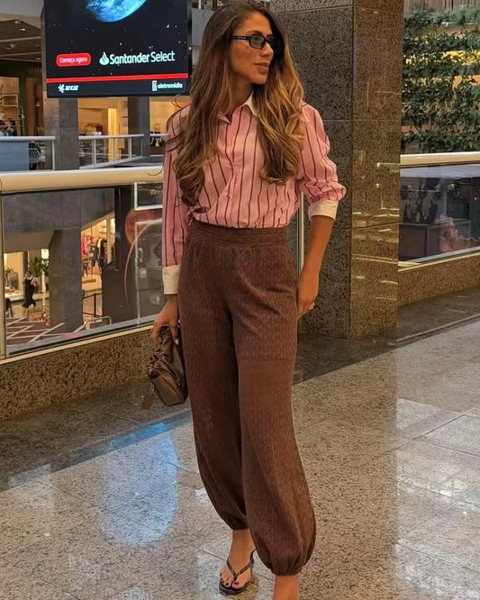 Camicia da donna Adora Milano Nuova moda primavera estate con polsini a contrasto a righe rosa vestibilità morbida per donna