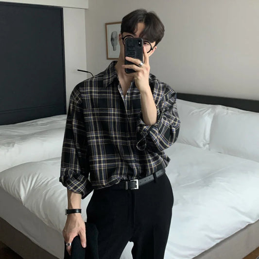 Camicia in cotone Adora Milano da uomo, camicie a quadri retrò color kaki nero da uomo