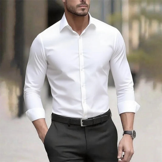 Camicia casual da uomo Adora Milano bianca, in tinta unita di alta qualità, a maniche lunghe, in tessuto elasticizzato,