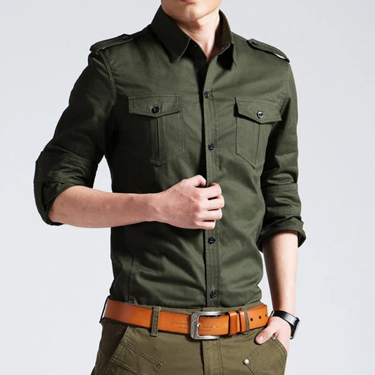 Adora Milano Camicie Militari da Uomo a Maniche Lunghe Casual da Lavoro con Tasche