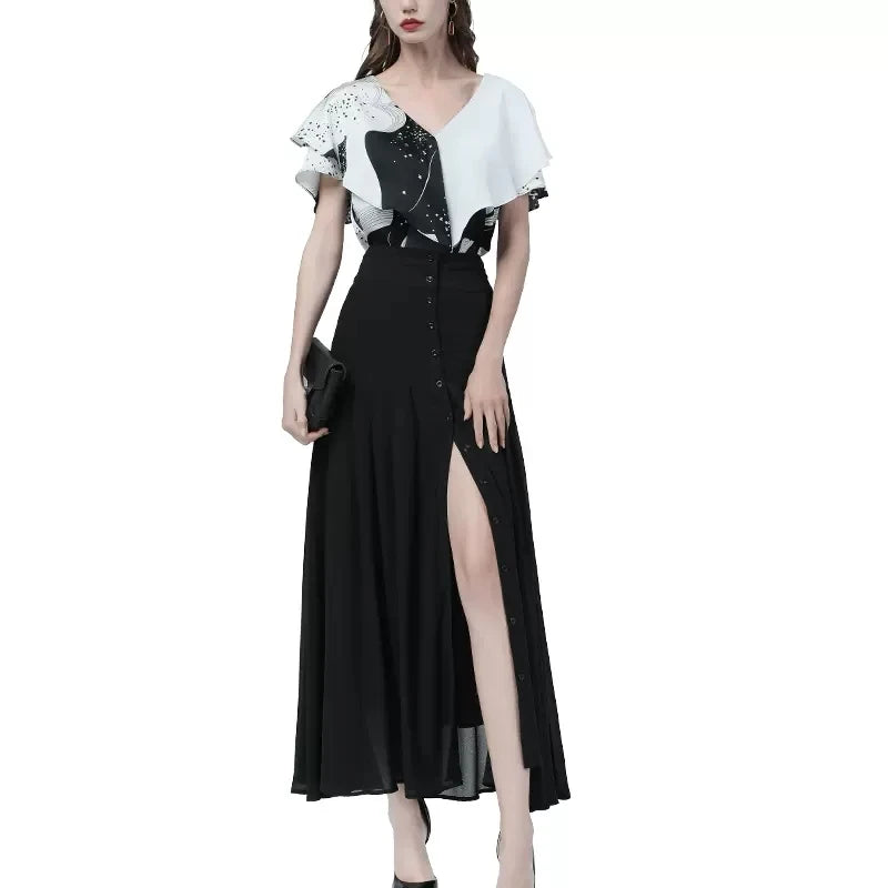 Women New Front Button Black Skirt long High Waist  A-Line Summer Skirt Women Sexy Slit Party Chiffon Faldas Mujer Saias Jupe