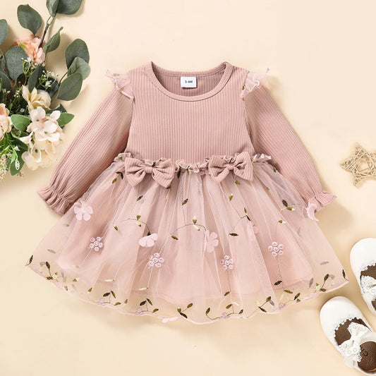 Vestito a rete Adora Milano per bambina rosa chiaro con fiori da principessa a maniche lunghe sottili