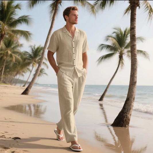 Il set camicia a maniche corte in lino da uomo 2025 Summer Beach è un completo due pezzi con pantaloni lunghi, adatto per le vacanze casual quotidiane in spiaggia.