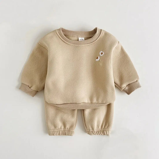 Adora Milano Set Neonato Felpa Ricamata in Pile con Margherite e Jogger