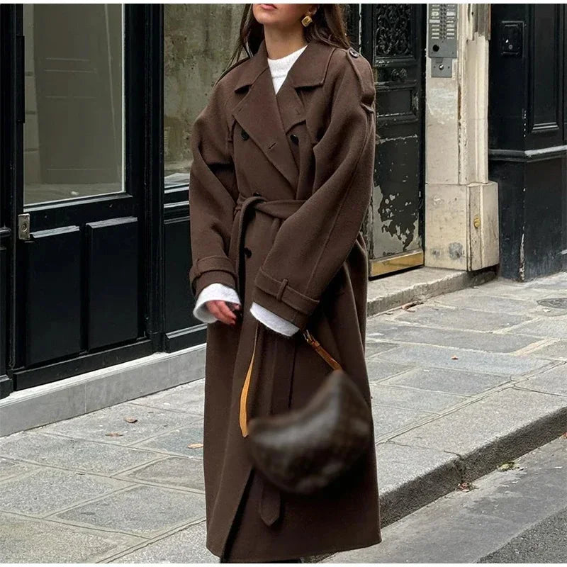 Elegant Grey Belt Long Faux Wollen Coat Women Lapel Double Breasted Street Coats Female 2025 Autumn Winter New Lady Peacoat