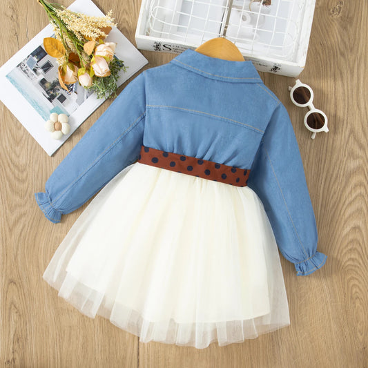 Adora Milano Abito a Maniche Lunghe Primavera Bambina Vestito in Jeans Blu Due Pezzi