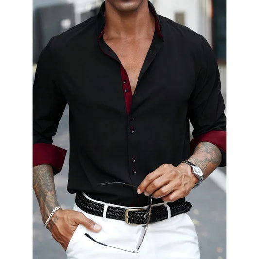 Adora Milano Camicia da uomo nuova di zecca Tinta unita Manica lunga Smart Casual Nero Elasticizzato
