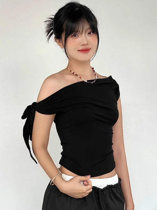 Adora Milano Women'S Summer  One-Shoulder Crop Top Backless Twist T-Shirt Casual Top