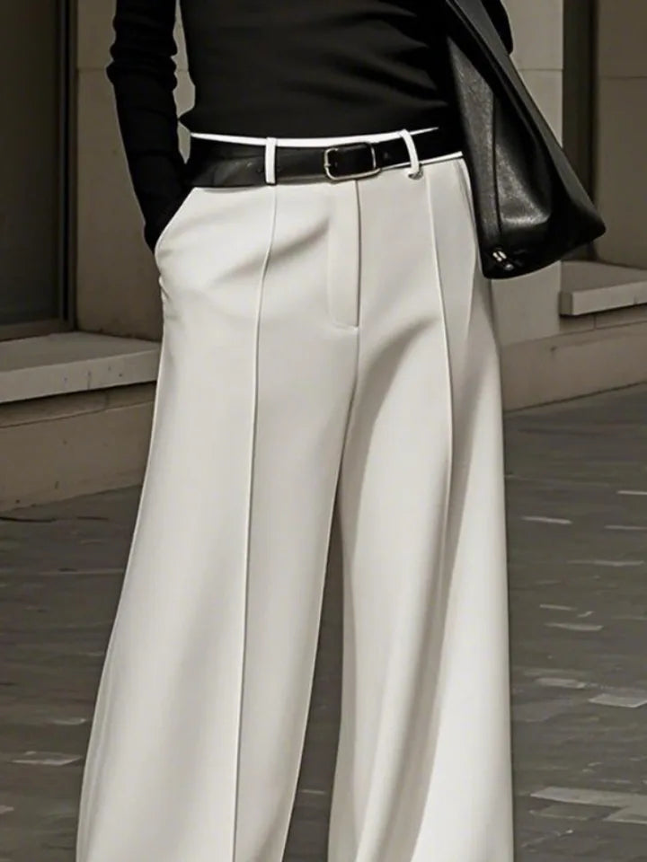 UOOZEE Office Lady Black White Solid Color Wide Leg Pants 2025 New Elastic High Waist Urban Commute Simple Trousers No Belt