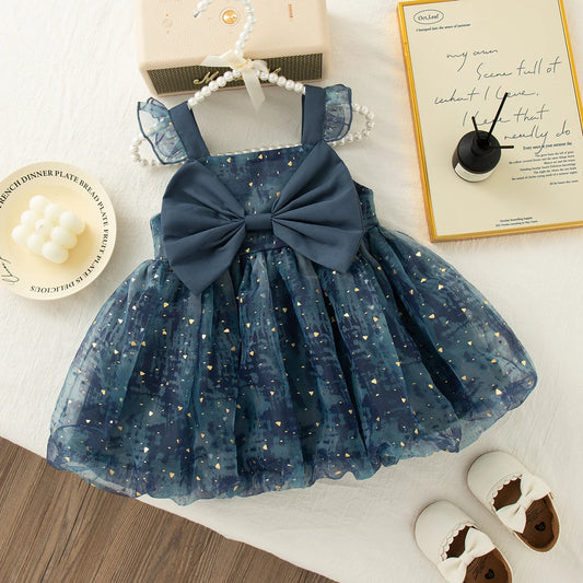 Adora Milano Abito bambina con fiocco e maniche di paillettes vestito in tulle per bambina