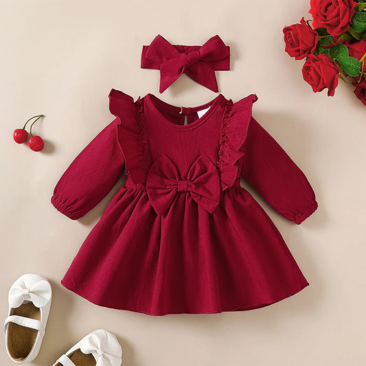 Adora Milano Vestito da bambina con bordo arricciato e fiocco, vestito a maniche lunghe + fascia per 0-18 mesi