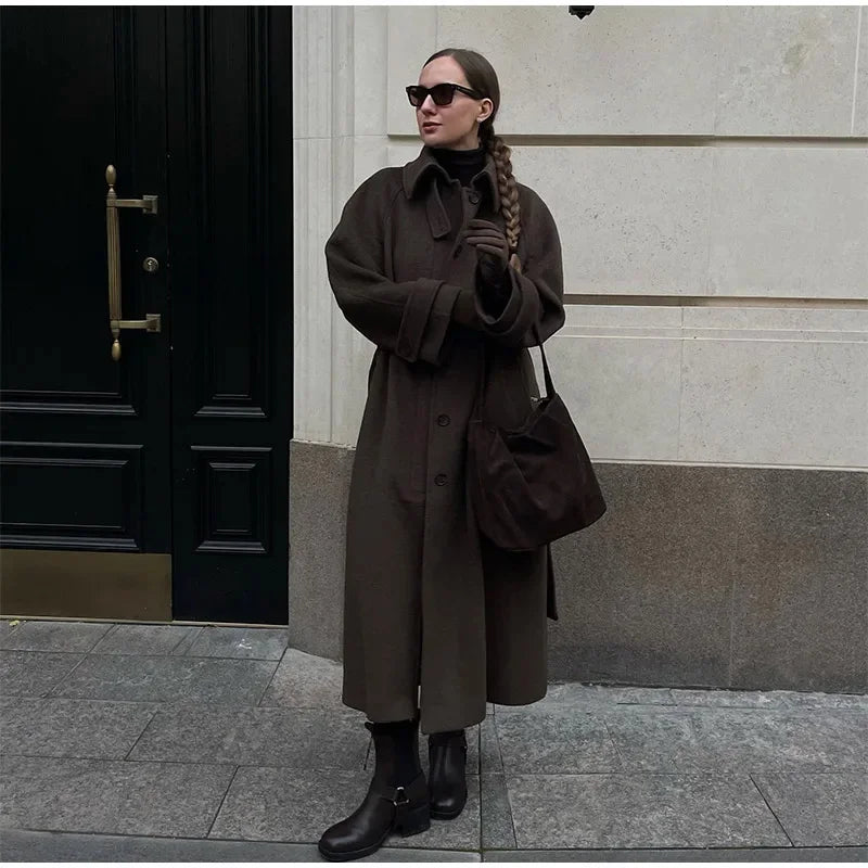 Elegant Grey Belt Long Faux Wollen Coat Women Lapel Double Breasted Street Coats Female 2025 Autumn Winter New Lady Peacoat
