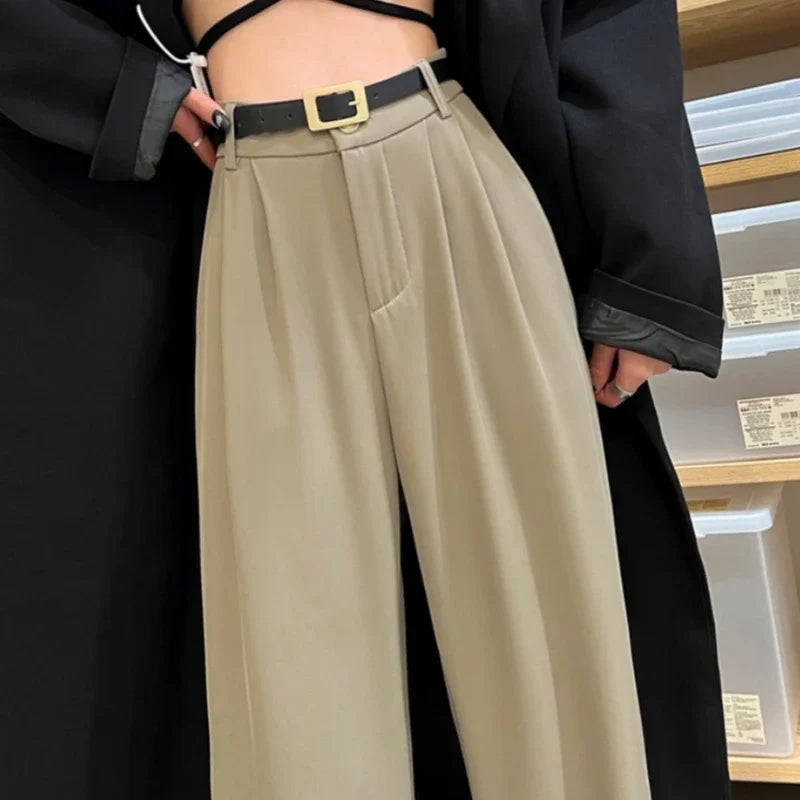 2025 Spring Summer New High Waist Women's Wide Leg Pants with Belt High Waist Straight Casual Loose Floor Length Pants Female