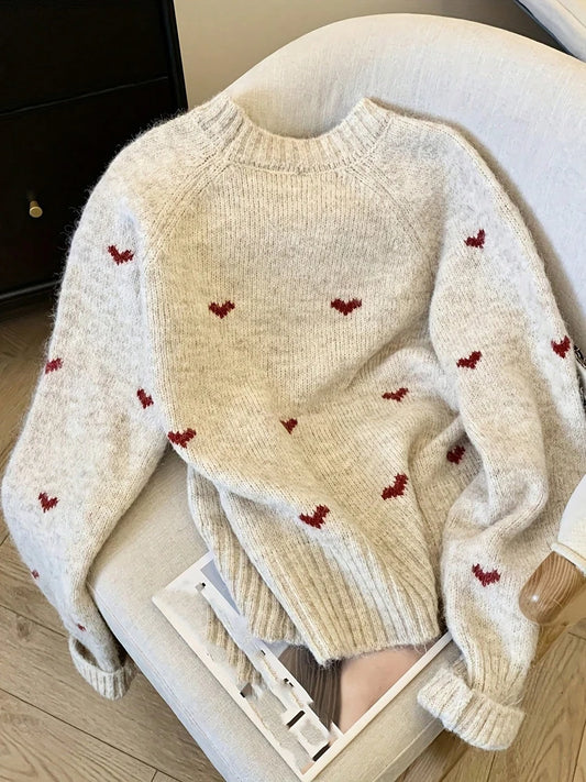 Adora Milano Maglione Invernale Comodo con Fantasia Cuori Girocollo Maglione Top
