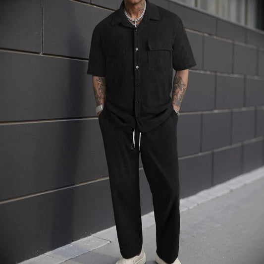 Nuovo Set 2 pezzi da uomo: Camicia a maniche corte + Pantaloni Tute da uomo Abbigliamento da spiaggia Tuta sportiva Camicie a tinta unita Pantaloni della tuta Vacanze hawaiane