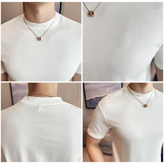 T-shirt da uomo a maniche corte di alta qualità, maglietta intima a collo alto ricamata, top elasticizzato da uomo slim-fit. Cotone di alta qualità 85%