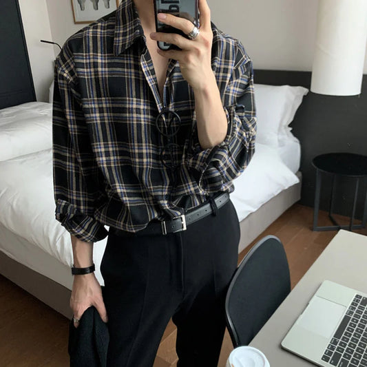 Camicia in cotone Adora Milano da uomo, camicie a quadri retrò color kaki nero da uomo