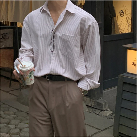 Camicia a righe da uomo oversize di nicchia, Cappotto con camicia a maniche lunghe alla moda primavera/autunno per tutti gli abbinamenti, Casual coreano unisex da esterno