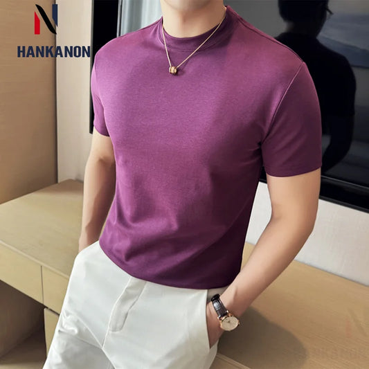 T-shirt da uomo a maniche corte di alta qualità, maglietta intima a collo alto ricamata, top elasticizzato da uomo slim-fit. Cotone di alta qualità 85%