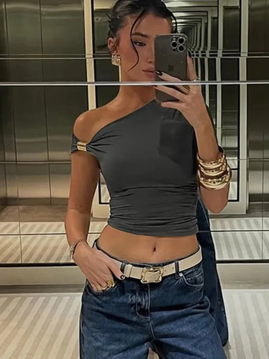 Adora Milano Off-Shoulder T-Shirts Damen gerafft Fashion Lässig Einfarbig Schlicht Streetwear