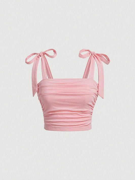 Adora Milano Solid Tie Shoulder Ruched Wide Strap Slim Fit Crop Top for Women