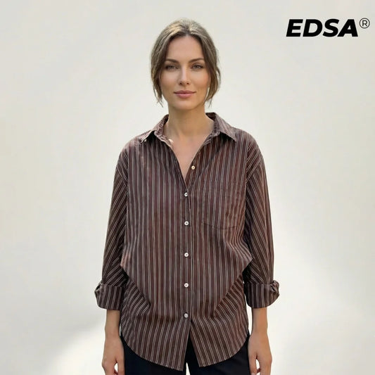 Camicia da donna Adora Milano a maniche lunghe a righe marroni con maniche a pipistrello