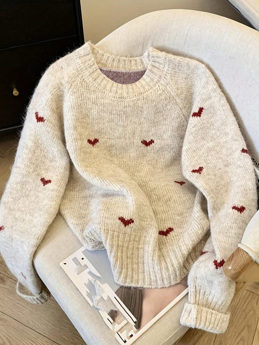 Adora Milano Maglione Invernale Comodo con Fantasia Cuori Girocollo Maglione Top