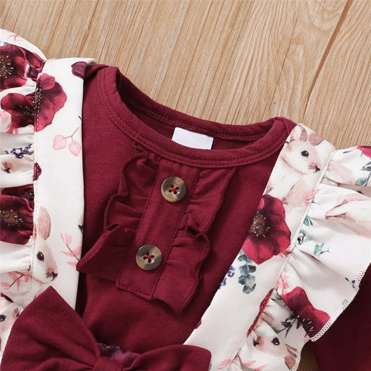 Adora Milano Completo vestiti neonata body a maniche lunghe+pantaloni con bretelle floreali+fascia per capelli primavera e autunno