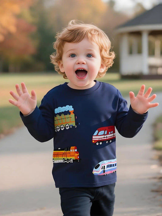 Maglietta a maniche lunghe Adora Milano da neonato, colore blu navy - Maglietta con grafica di trenino colorato
