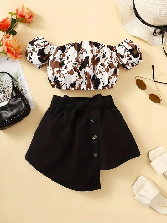 Adora Milano Completo Estivo da Bimba Top a Spalle Scoperte con Stampa Leopardata + Gonna Corta