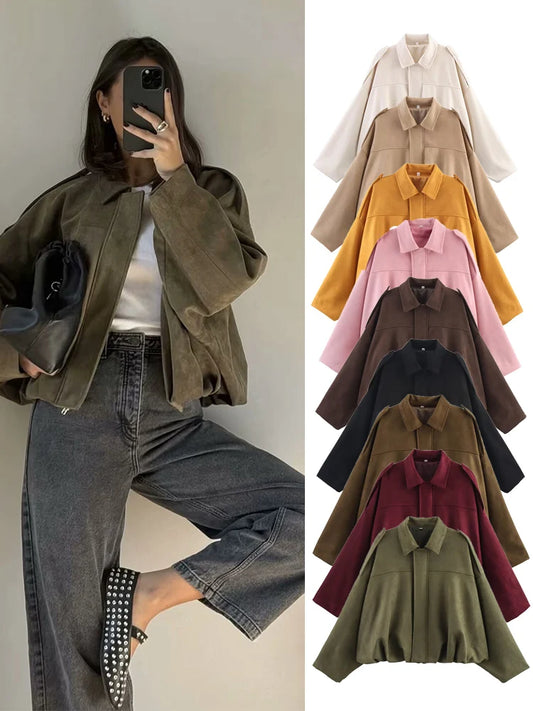 Adora Milano Giacca Scamosciata Donna Primavera Nuova Moda Manica Lunga Cerniera Oversize