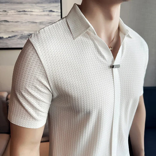 Polo da uomo in waffle, stile britannico 2026, estiva, in seta ghiaccio, sottile, tinta unita, casual, vestibilità slim elasticizzata, a maniche corte, abbigliamento maschile