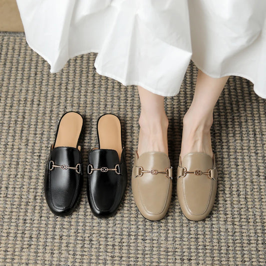Scarpe da donna in vera pelle, sabot, ciabatte, con punta coperta, eleganti, estive, semplici, casual, mocassini