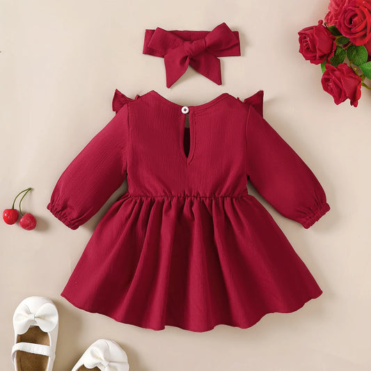 Adora Milano Vestito da bambina con bordo arricciato e fiocco, vestito a maniche lunghe + fascia per 0-18 mesi
