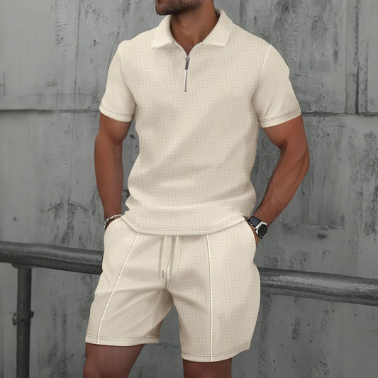 Completo da uomo due pezzi estivo 2025 in tinta unita con cerniera, risvolto, manica corta e pantaloncini. Modello Waffle, stile Europa e Stati Uniti.