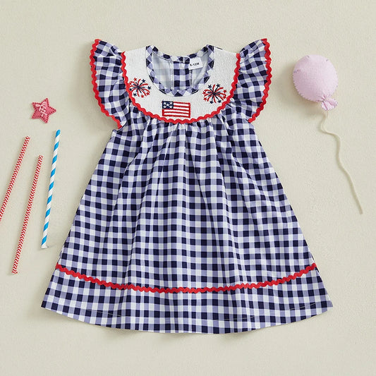 Vestito da ragazza Adora Milano con motivo scozzese, ricamo bandiera americana, vestibilità ampia e smock