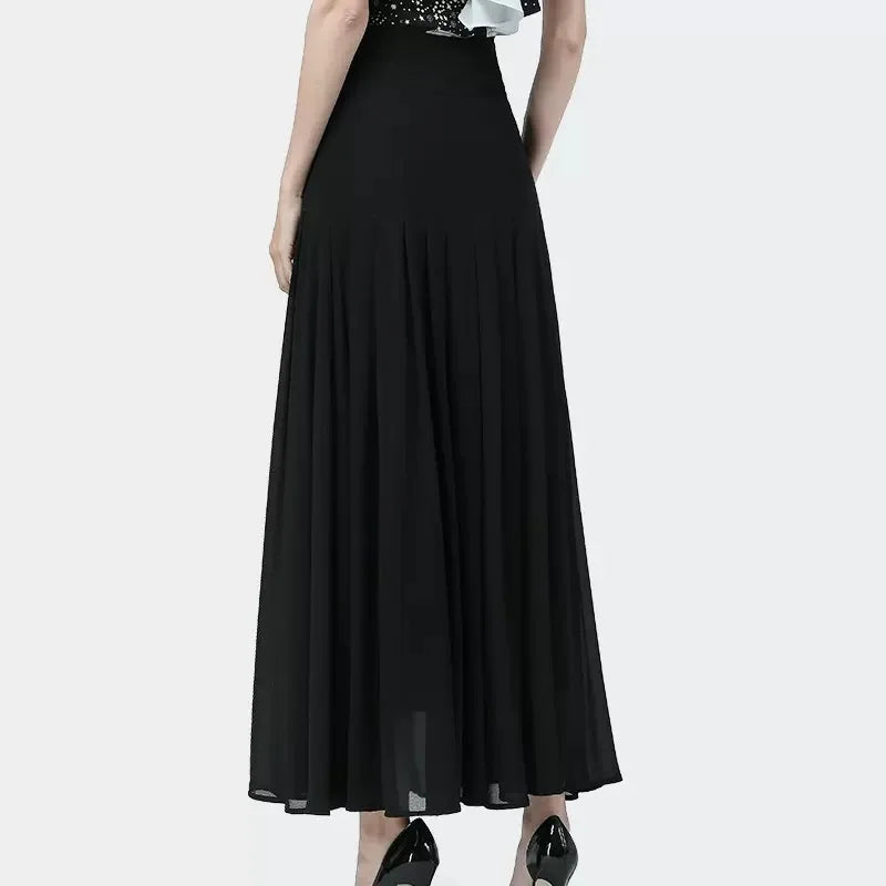 Women New Front Button Black Skirt long High Waist  A-Line Summer Skirt Women Sexy Slit Party Chiffon Faldas Mujer Saias Jupe
