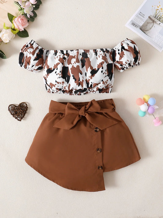 Adora Milano Completo Estivo da Bimba Top a Spalle Scoperte con Stampa Leopardata + Gonna Corta
